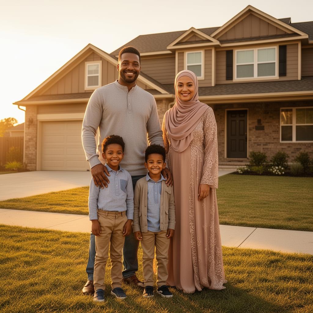 A family in front of their new home