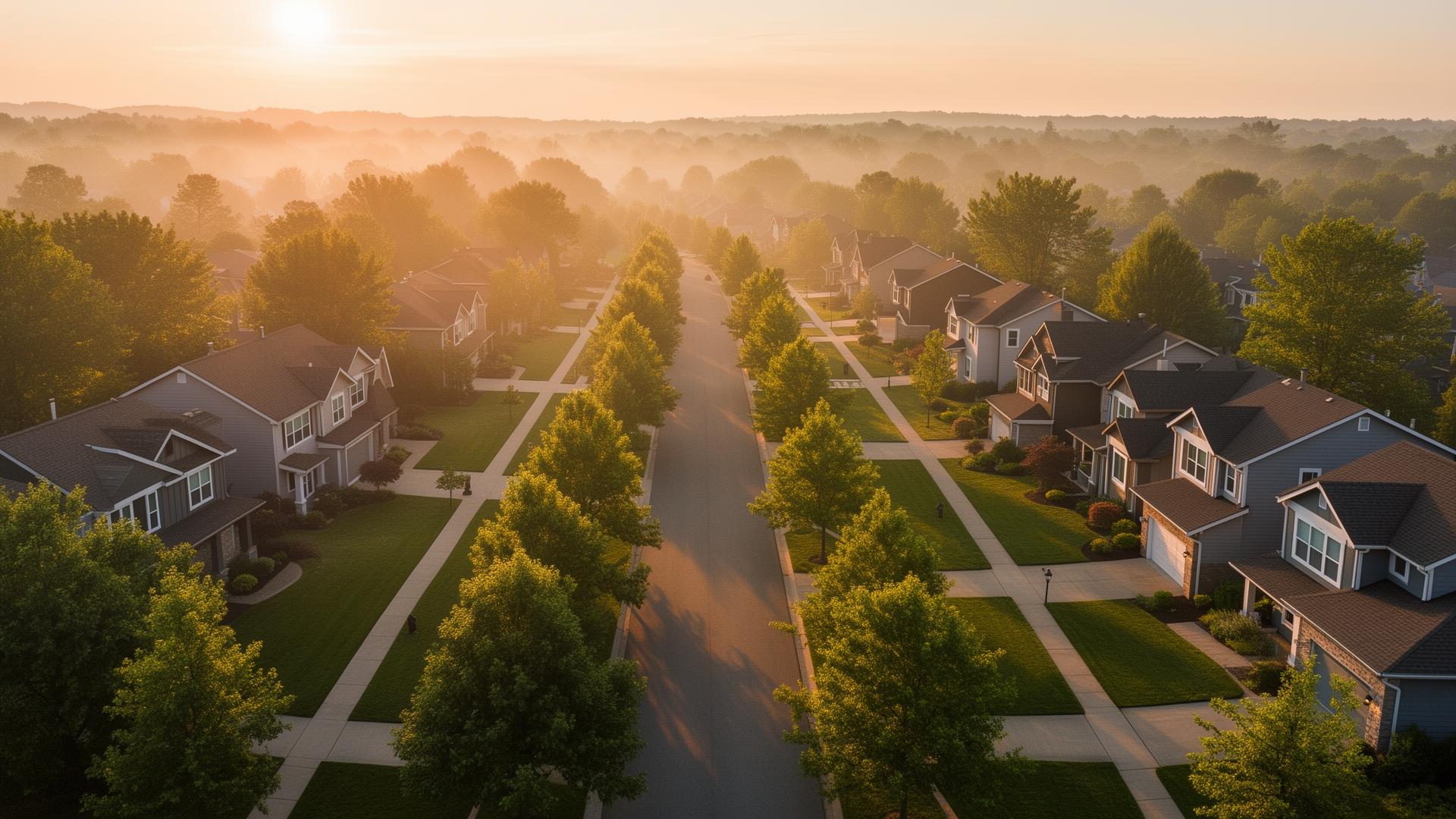 Aerial view of an American neighborhood at golden hour